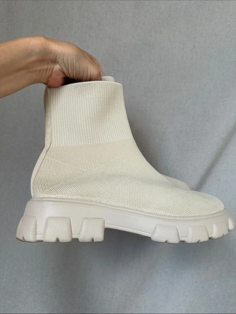 Cream White Canvas Stretchy chunky booties near 2” heel Trendy Stylish boots